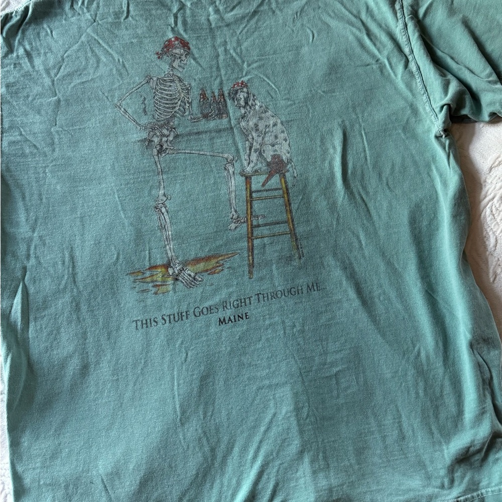 Sea‎ Dog T-Shirt Skeleton Dalmatian Pirate Green Blue Cotton Maine (Flawed) Vtg